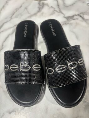 BEBE~Crystal Logo Slide Sandals Brand New